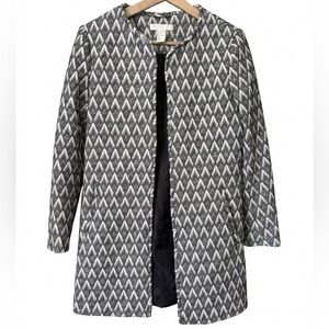 H&M Textured Diamond Knit Coat Open Front Long Jacket Black White Women's Size 6